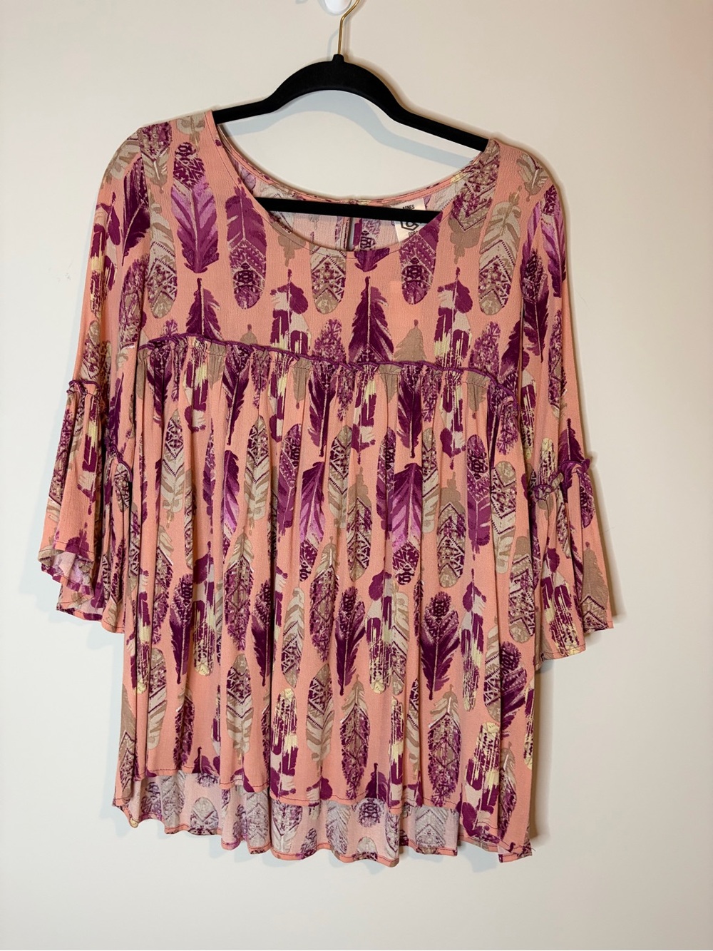 Agnes & Dora Boho Tunic with Feather Print and Flowy Sleeves